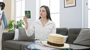 Neşeli, genç, İspanyol bir kadın, Suudi Arabistan pasaportuyla evde oturuyor, tek parmağıyla güvenle işaret ediyor, heyecan verici bir fikre ya da parlak yüzüne soru işareti yapıyor.