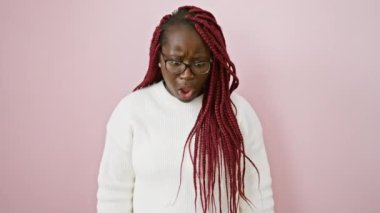 Örgü örgülü, pembe izole edilmiş arka planda şaşırmış bir Afrikalı kadın..