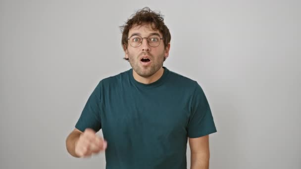 Astonished Young Hispanic Guy Glasses Standing Scared Amazed Mouth Wide — Stock Video