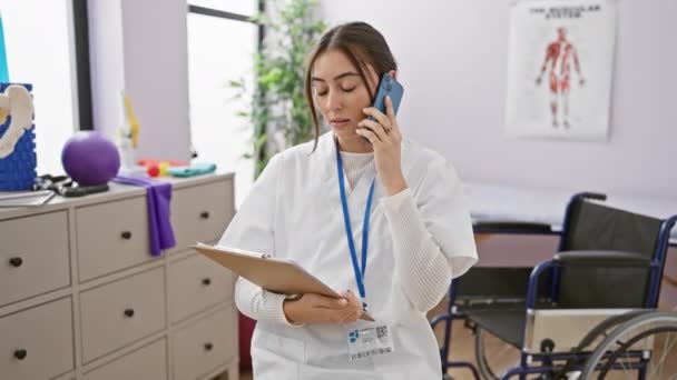 Young Hispanic Woman Clinic Wears Lab Coat Talks Phone While — Stock Video