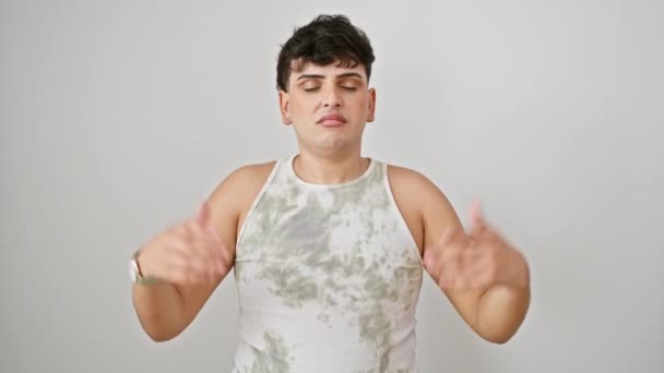 Ahnungsloser Junger Mann Ärmellosen Shirt Zuckt Mit Den Schultern Und — Stockvideo