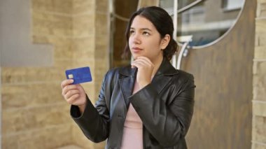 Kentsel sokak geçmişinde kredi kartı tutan düşünceli İspanyol kadın, finans veya alışverişi yansıtıyor.
