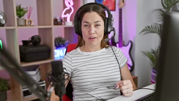 Confident Woman Headphones Microphone Talks While Streaming Colorful Gaming Room — Stock Video
