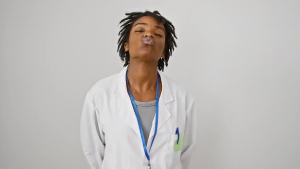 Alegre Joven Mujer Negra Bata Laboratorio Soplando Divertido Beso Sexy — Vídeos de Stock