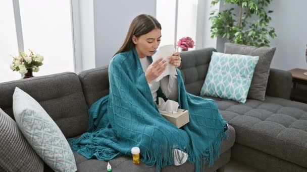 Sick Woman Covers Her Face Tissue While Sitting Couch Blanket — Stock Video