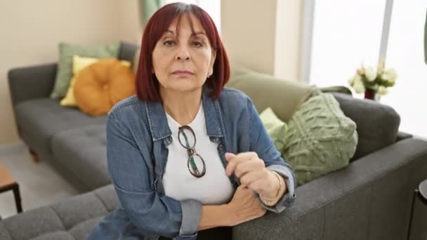 Mujer Hispana Mediana Edad Cansada Encontrando Dulces Sueños Casa Vistiendo — Vídeo de stock