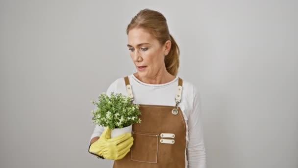 驚くべき中年のブロンドの女性花屋 植物の鍋に驚き ショックと不信感で開口部 白い壁の背景に隔離された恐怖の表現 — ストック動画