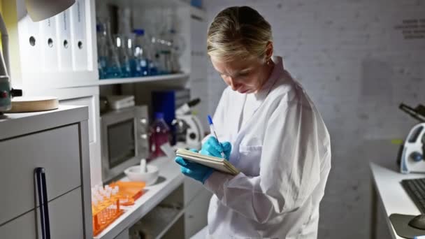 ラボコートの若い金髪の女性は 現代の実験室の設定でノートを取る — ストック動画