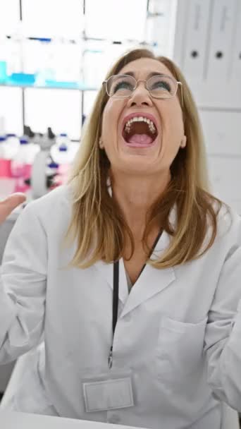 실험실에서 화가가는 금발의 과학자 그녀가 소리를 해제로 순수한 분노를 보여주는 — 비디오