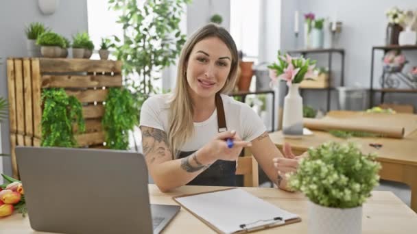 笑顔の女性はラップトップで花屋で働き クリップボードに書き込み 植物や花に囲まれています — ストック動画