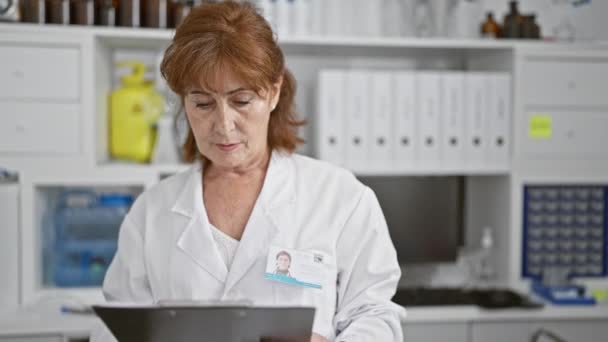 一位身穿实验室外套的成熟女性回顾了现代药局的平板电脑数据 该药局的货架上摆满了药品和设备 — 图库视频影像