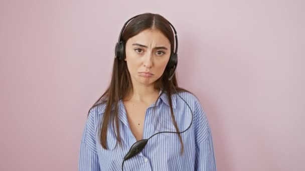 Stressad Och Sorgsen Ung Latinamerikansk Kvinna Headset Överväldigad Ångest Uttrycker — Stockvideo