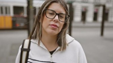 Budapeşte caddesinde duran gözlüklü genç kadın şehir manzarasına karşı Avrupa modasını somutlaştırıyor.