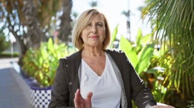 Çapraz kollu, olgun sarışın bir kadın, yemyeşil bir bahçe sokağında güvenle gülümsüyor..