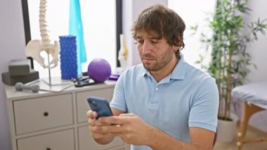 Rehabilitasyon kliniğinde akıllı telefon kullanan yakışıklı bir genç..
