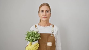 Kendine güvenen orta yaşlı sarışın çiçekçi kadın elinde bir saksı, izole edilmiş beyaz bir arkaplan varken dur işareti yapıyor.