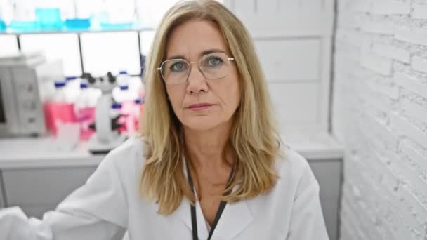 Sorglig Medelålders Blond Kvinna Vetenskapsman Gömmer Sina Ögon Blind Begrepp — Stockvideo