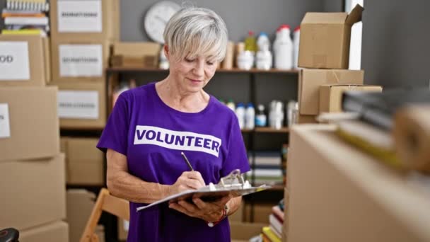 Mujer Madura Voluntaria Escribiendo Almacén Con Cajas Donación Concepto Positividad — Vídeo de stock
