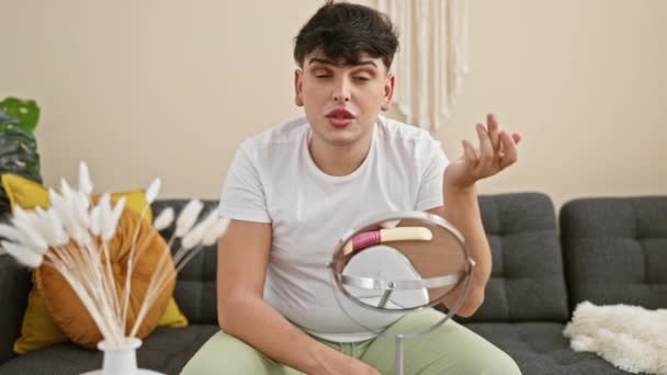 Beyaz Tişörtlü Yeşil Pantolonlu Genç Bir Adam Oturma Odasında Oturuyor — Stok video