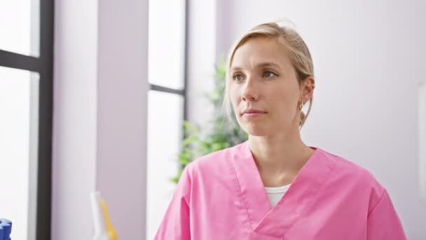 ピンクの医療スクラブの笑顔の若い白人女性は 明るい診療室に自信を持って立って プロフェッショナリズムとケアを描いています — ストック動画