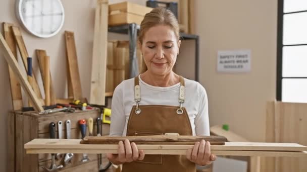 白人女性は木材を保持する晴れた大工のスタジオで労働者の笑顔を工芸します — ストック動画