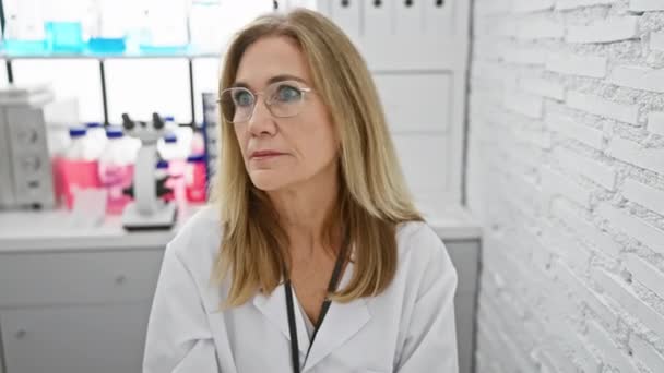 Midaldrende Blondine Kvinde Videnskabsmand Hånd Mund Hviskende Hemmeligheder Grimme Lab – Stock-video