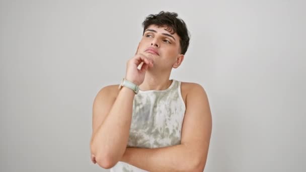 Pensive Young Man Sleeveless Shirt Standing Isolated White Background Hand — Stock video