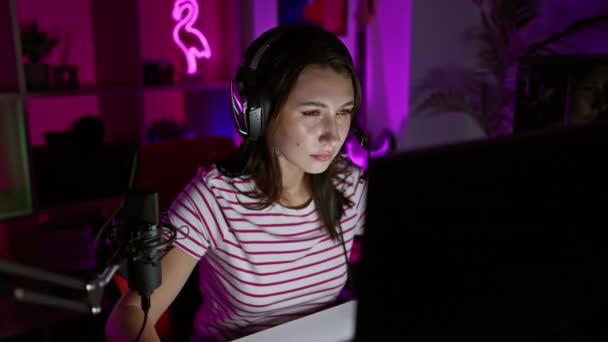 在霓虹灯下的游戏室里 用麦克风和笔记本电脑 有重点的黑发女人戴着耳机 — 图库视频影像