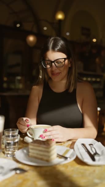 Stylowa Kobieta Pije Kawę Przytulnej Kawiarni Emanując Swobodną Elegancją Ciepłem — Wideo stockowe