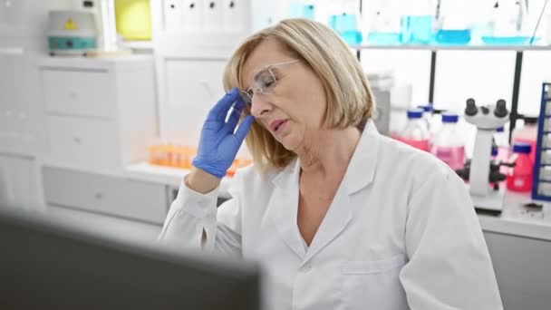 Mature Woman Scientist Lab Coat Stretching Tiredly Laboratory Setting Equipment — Stock Video