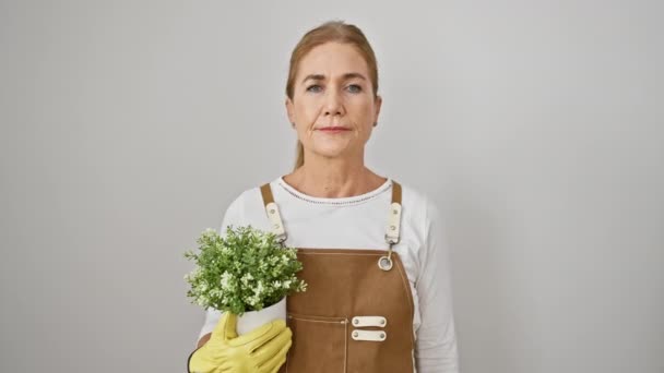 Mujer Florista Rubia Mediana Edad Con Confianza Gestos Serios Señal — Vídeo de stock