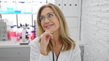 Orta yaşlı, düşüncelere dalmış bir sarışın bilim adamı laboratuarda dalgın dalgın bir gülümseme takınıyor ve çözümünden şüphe ediyor.