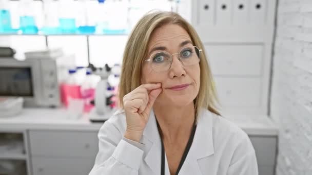 Laboratuvarda Orta Yaşlı Sarışın Kadın Bilim Adamı Sessizce Oturuyor Parmaklarıyla — Stok video