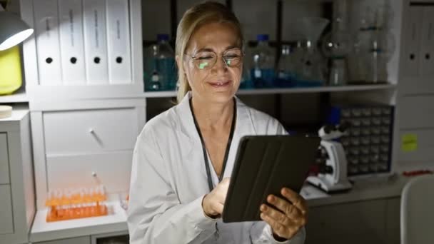 Kypsä Nainen Tiedemies Analysoi Tietoja Tabletin Laboratoriossa — kuvapankkivideo
