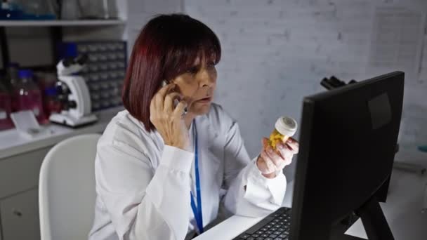Іспано Жіночий Фармацевт Консультує Телефону Під Час Вивчення Ліків Лабораторії — стокове відео
