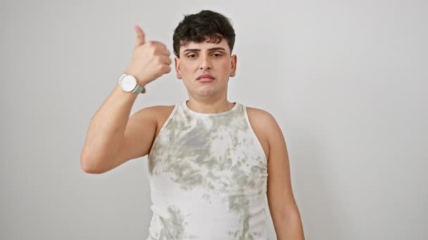 Kolsuz Tişörtlü Yakışıklı Genç Adam Başparmak Yukarı Aşağı Çılgın Bir — Stok video