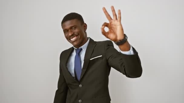 Cheerful African American Man Suit Strikes Positive Sign Hand Exuding — Stock Video