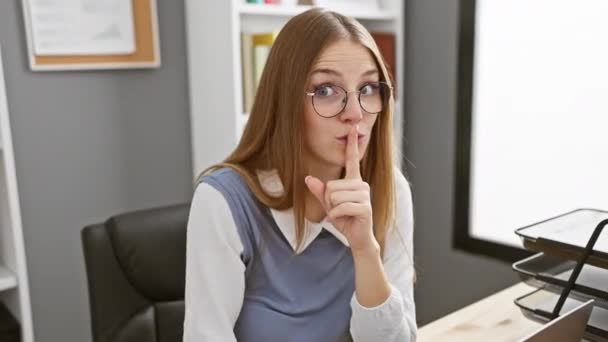 Shh Secret Safe Blonde Businesswoman Pointing Hand Suggests Silence Office — Stock Video
