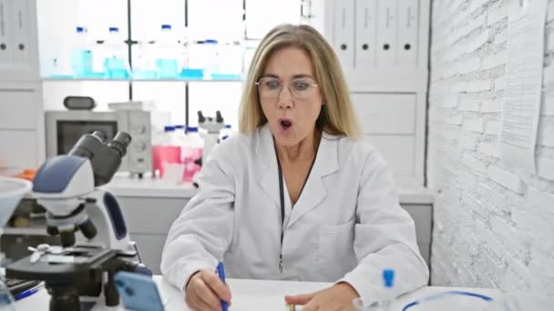 一个满腹狐疑的中年金发女科学家坐在实验室里 带着怀疑的表情 挖苦人的眼神 张开嘴 简直不敢相信 — 图库视频影像