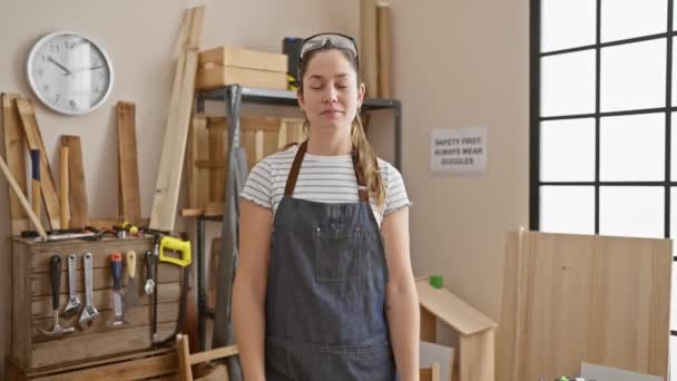 Lächelnde Junge Frau Mit Verschränkten Armen Einer Holzwerkstatt Umgeben Von — Stockvideo