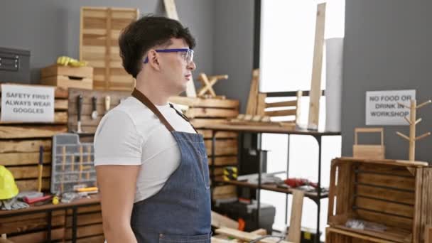 一个穿着安全护目镜和斜纹棉布围裙的年轻人手挽手站在一个木工车间里 四周都是工具和木板 — 图库视频影像