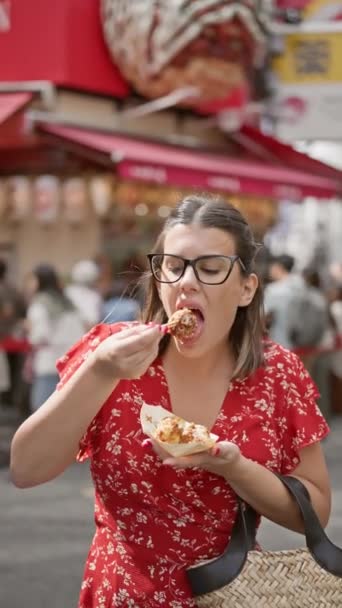 Beautiful Hispanic Woman Snacking Delicious Takoyaki Balls Traditional Japanese Cuisine — Stock Video