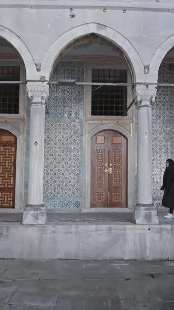 イスタンブールの歴史的なトップカピ宮殿の複雑な建築とイスラムのタイルワークを探検する黒人の女性 — ストック動画