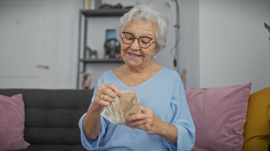 Neşeli, son sınıf öğrencisi bir kadın, kapalı mekanda, rahat oturma odasında oturmuş, Czech Koruna 'nın parasını sayıyor.
