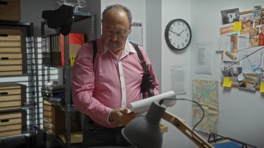 Orta yaşlı bir adam dedektifin ofisindeki bir belgeyi inceler. Etrafı bir sürü ipucu ve saatle çevrilidir..