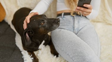 Genç bir kadın, rahat bir oturma odasında akıllı telefon kullanırken siyah bir labradoru okşuyor..