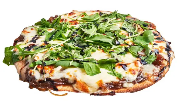 Primer Plano Una Pizza Gourmet Coronada Con Mozzarella Rúcula Esmalte — Foto de Stock