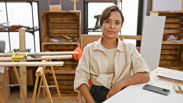 Serious faced beautiful young hispanic woman carpenter sitting at carpentry table, immersed in the world of woodwork, professional industry business indoors