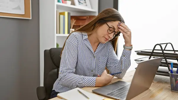 Stressed Woman Glasses Striped Shirt Feeling Headache Modern Office Desktop — Stock Photo, Image