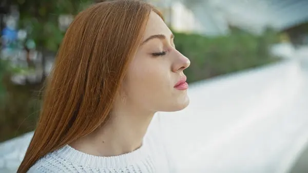 Tranquil Young Woman Red Hair Dressed White Sweater Serenely Enjoying — Stock Photo, Image